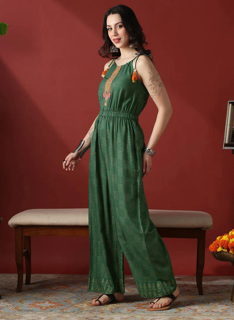 globus Green Globus Women Green Embroidered Yoke & Gold Foil Polka Dot Tie-Up Straps Wide Leg Fusion Jumpsuit for Women | Best Price UAE